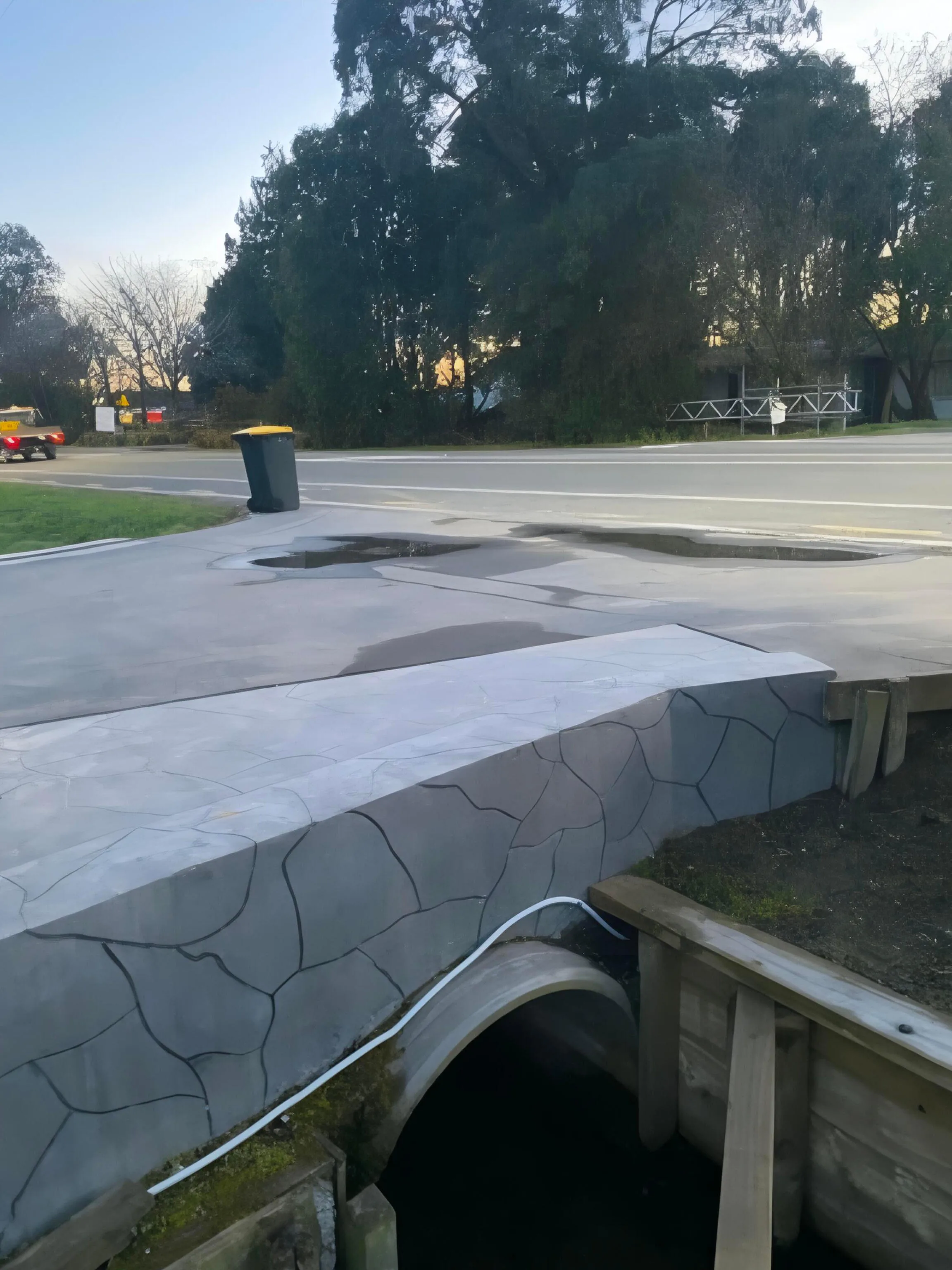 Stamped patterned concrete surface resembling natural stone
